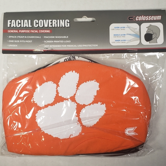 NWT Unisex Clemson Tigers Colosseum 2 Pack Face Masks - Picture 2 of 4
